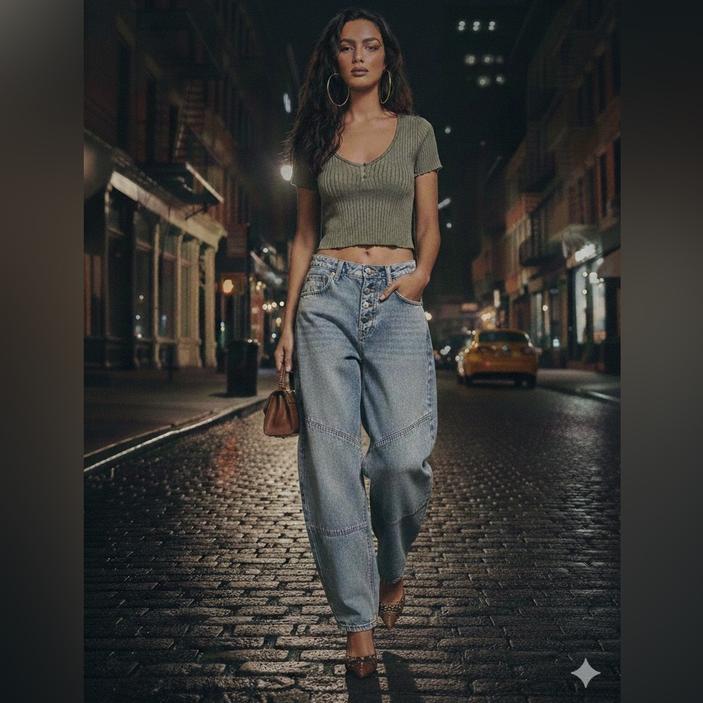 Urban Outfitters Olive Green Ribbed Henley Crop Y2k 90's Grunge Top Size Medium